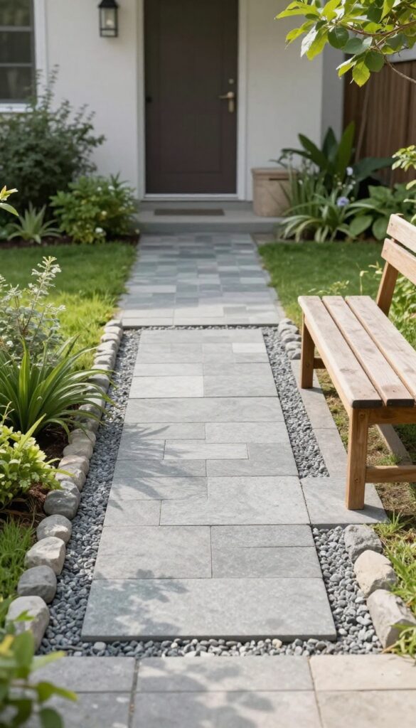 Widened paver section of a front walkway turned into a small patio sitting area with a wooden bench, bordered by low plants and edging stones in a cozy front yard