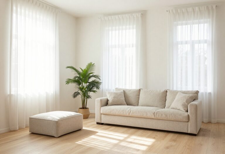 Bright airy living room with light neutral walls, sheer curtains, natural sunlight, and a light linen sofa