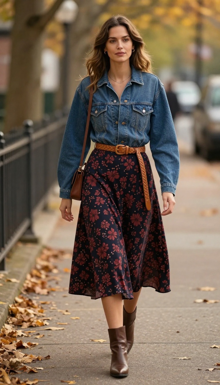 15. Floral Midi Skirt with a Woven Belt and Denim Jacket