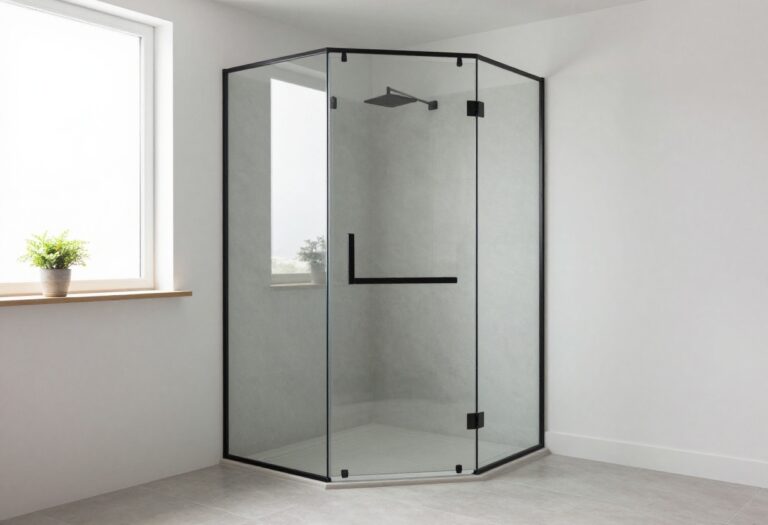 Bright small bathroom with a frameless glass corner shower and minimal black trim, styled with neutral tiles and a small plant