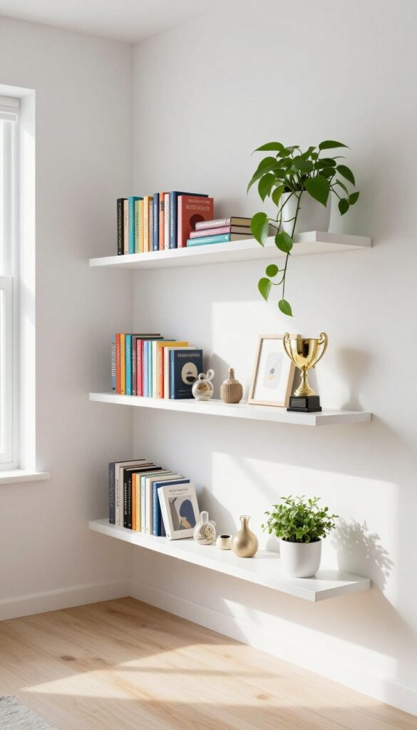 Bright teen girl bedroom wall with three white floating shelves styled with books, a trailing plant, a trophy, and small decor in natural light