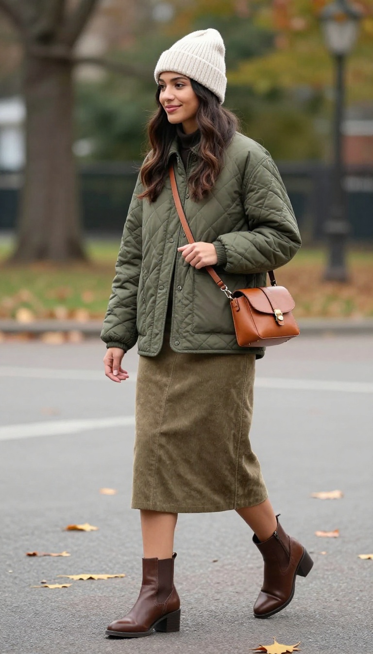 8. Corduroy Skirt with Heeled Ankle Boots and a Quilted Jacket