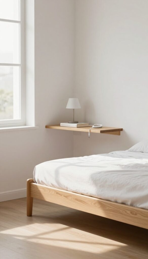 Bright small bedroom with a floating wood wall shelf beside the bed holding a lamp, book, and charging cable instead of a nightstand.