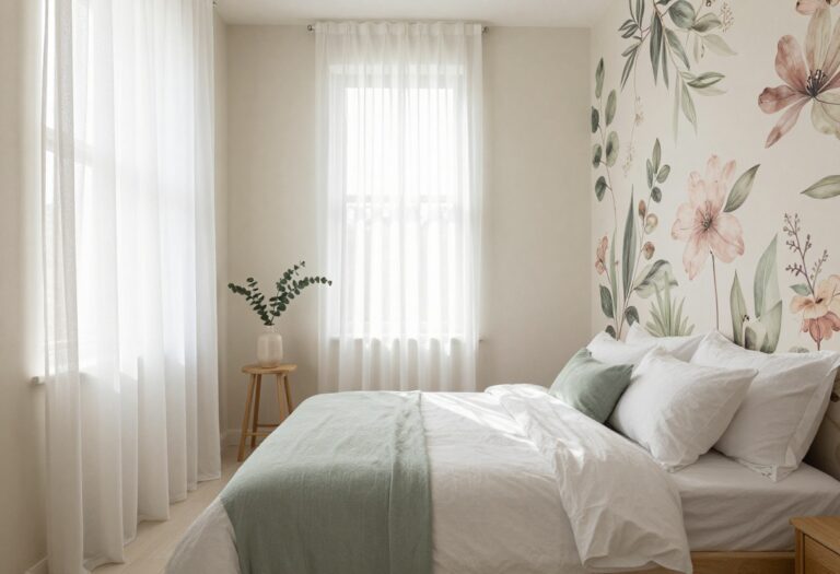 Bright bedroom with a large floral accent wall behind a bed with white bedding and sage green accents, styled with natural light and minimal decor.