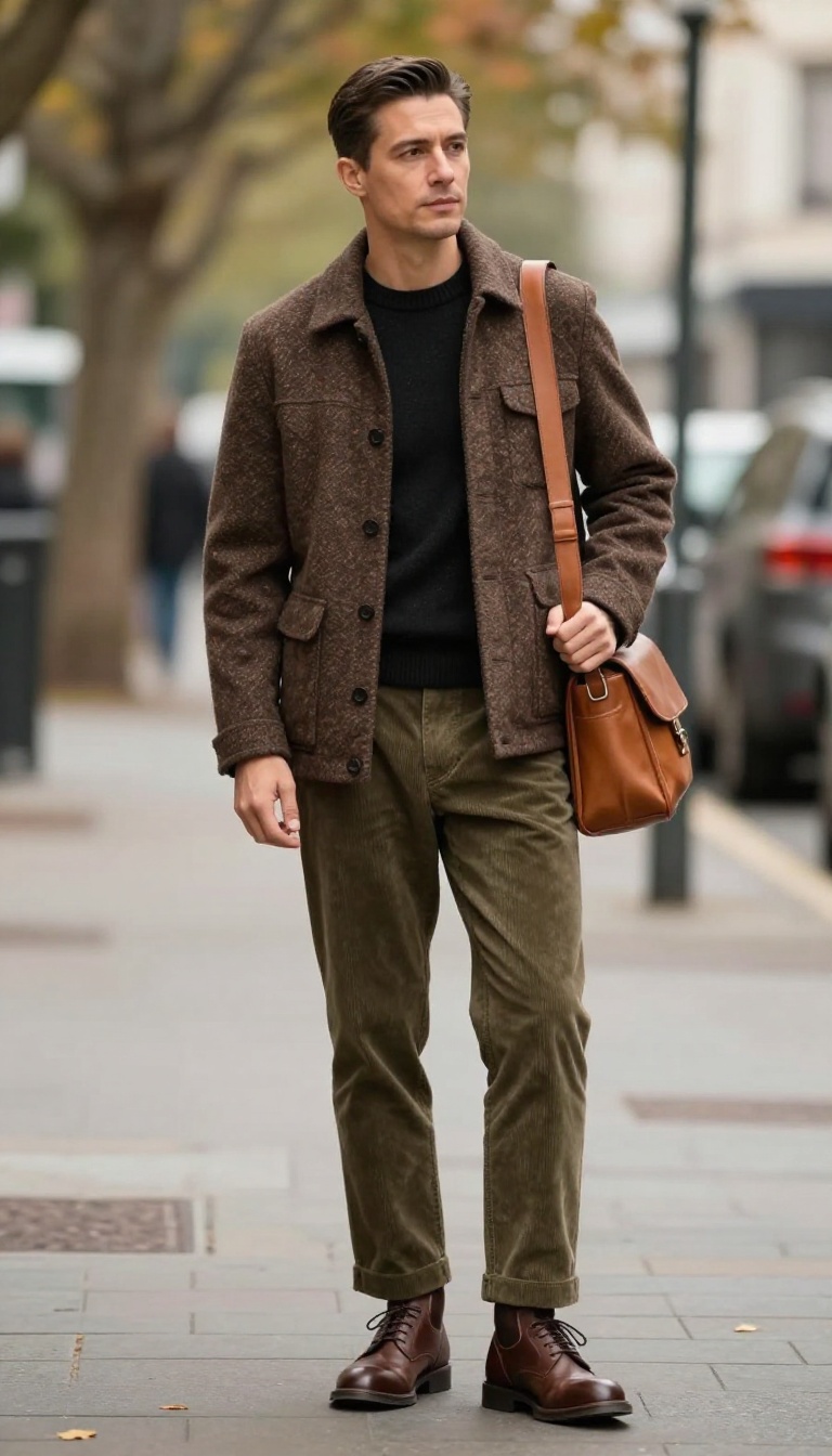 7. Tweed Jacket with Roll Neck and Corduroy Pants