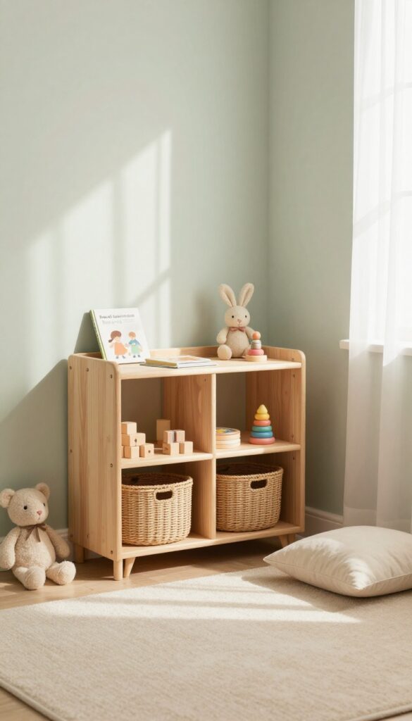 Bright toddler girl's bedroom with a low open wooden shelf holding matching baskets, face-forward books, and a few visible toys for easy access.