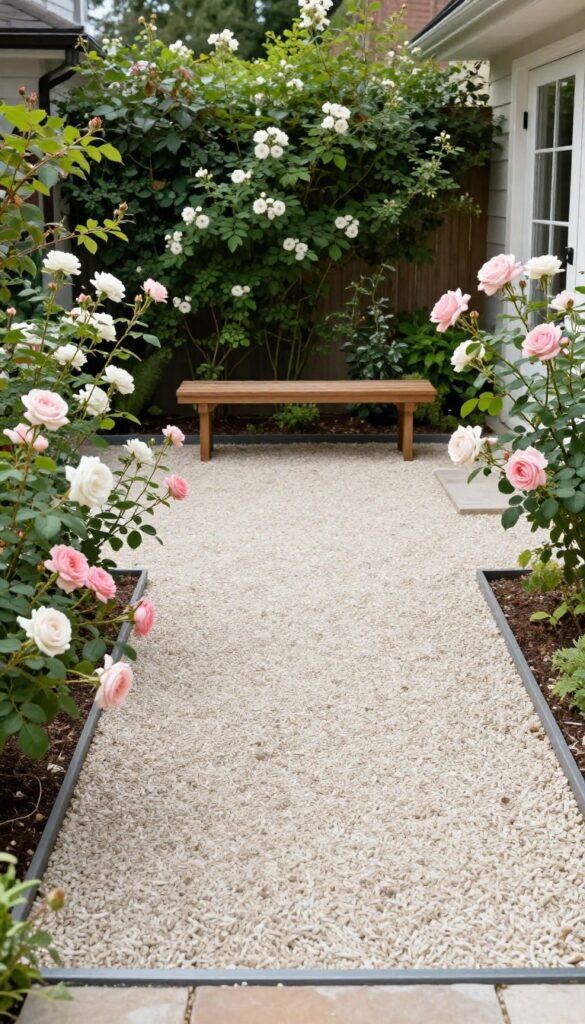 Small gravel courtyard entry beside a front door, bordered by edging and surrounded by blooming roses with a simple wooden bench