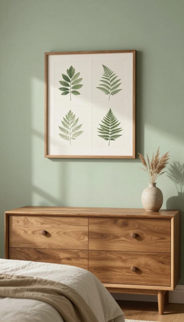 Earthy bedroom with a neat gallery wall of softly colored botanical prints in warm brown wooden frames above a wooden dresser, styled with a potted fern and dried grasses in bright natural light.