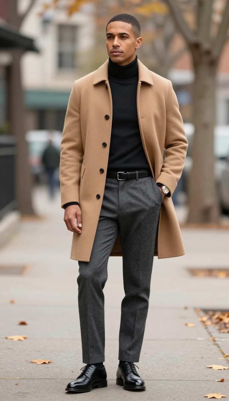 11. The Polo Coat with Turtleneck and Dress Trousers