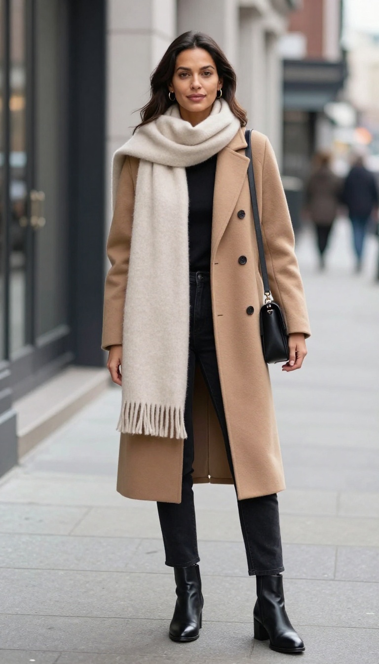 4. Wool Coat Over Black Jeans and a Cashmere Scarf