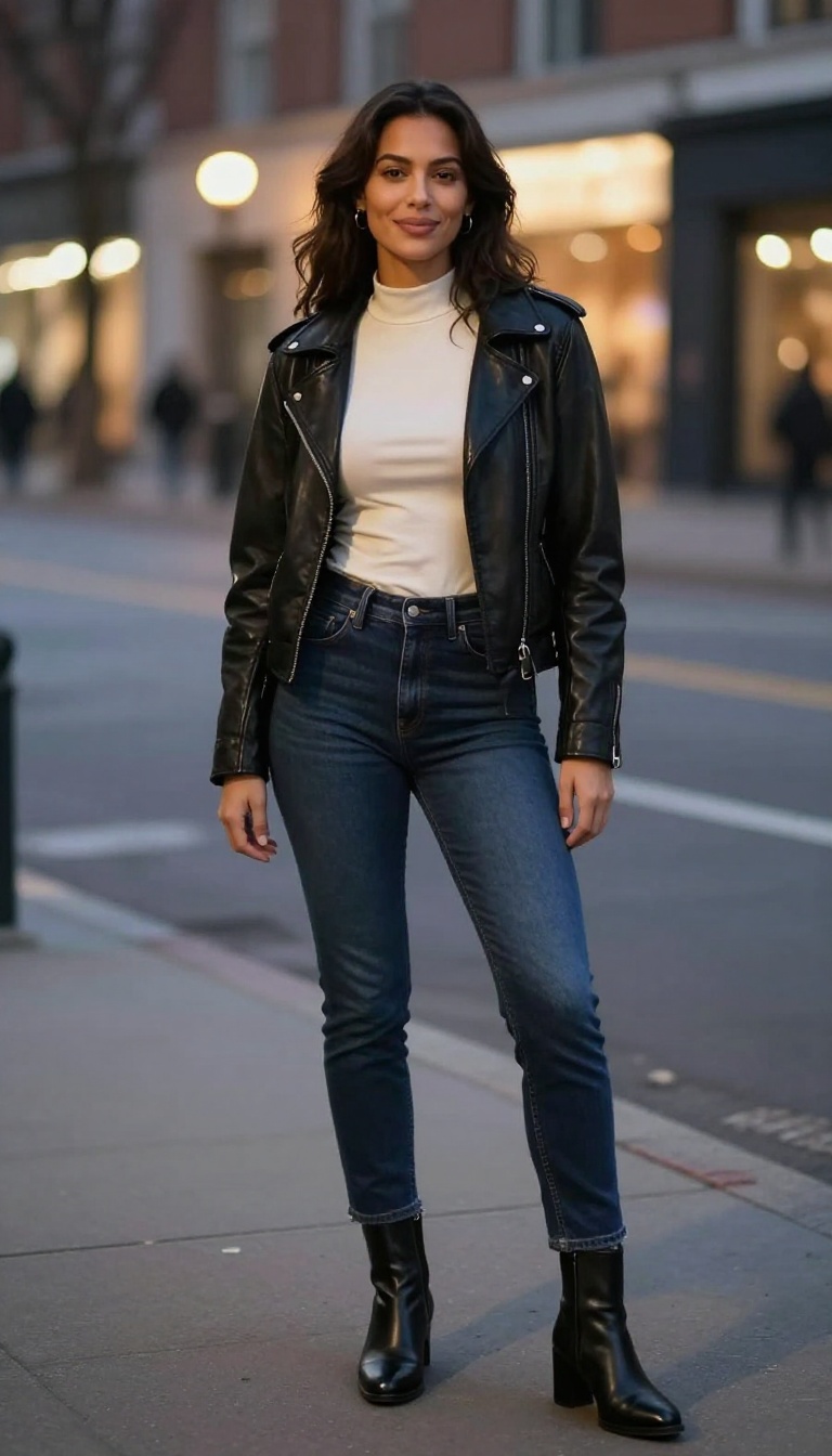 7. Faux Leather Jacket with High-Waisted Jeans and Ankle Boots