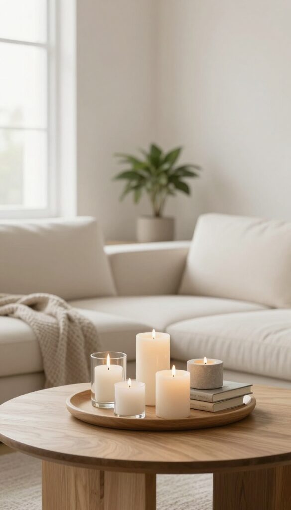 Neutral cream and beige candles in glass and stone holders arranged on a wooden tray and stacked books on a bright living room coffee table, softly lit with natural daylight