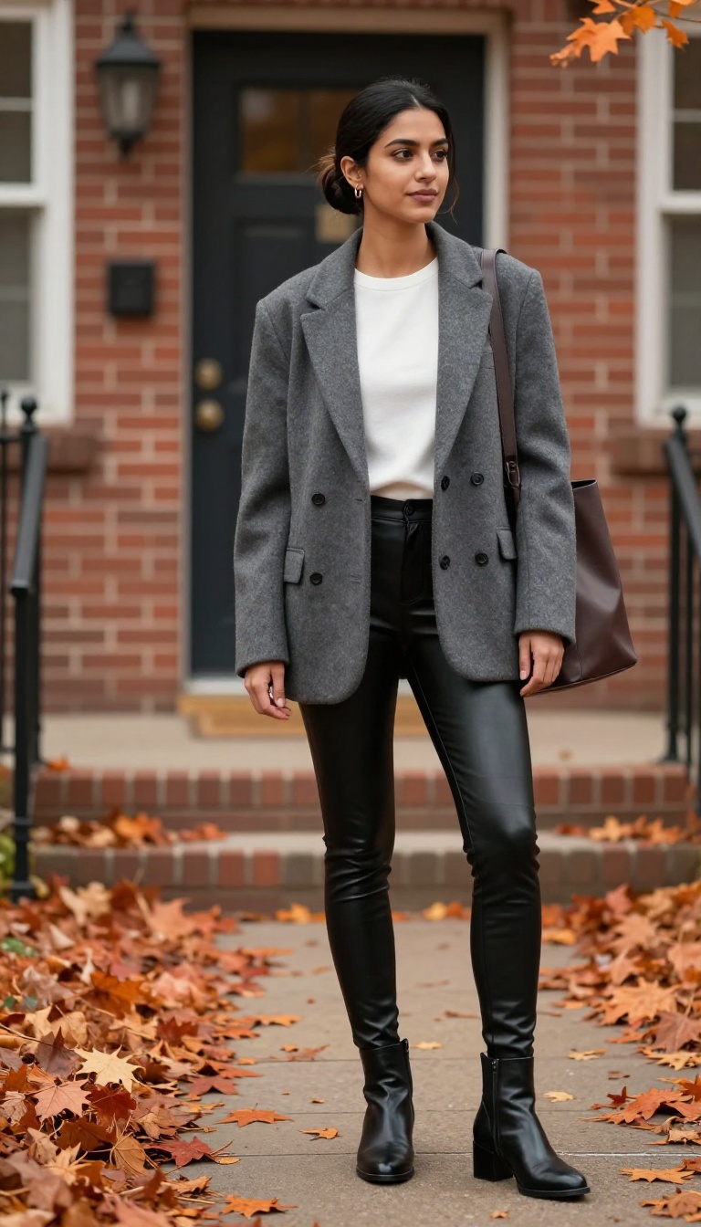 13. Black Leather Leggings with an Oversized Blazer