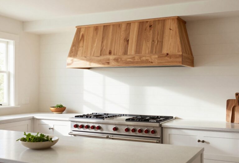Bright modern farmhouse kitchen with a custom white shiplap DIY vent hood cover above a stainless steel range, styled with natural light and simple counter decor