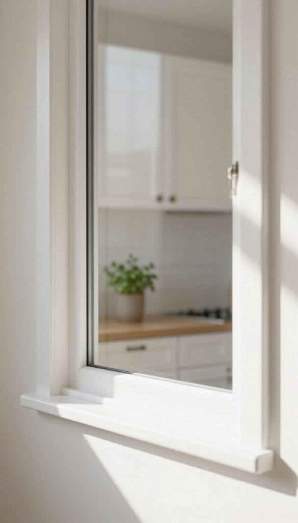 Bright kitchen window with freshly painted crisp white trim, sunlight streaming through and reflecting off the semi-gloss finish, with a small potted herb on the sill.