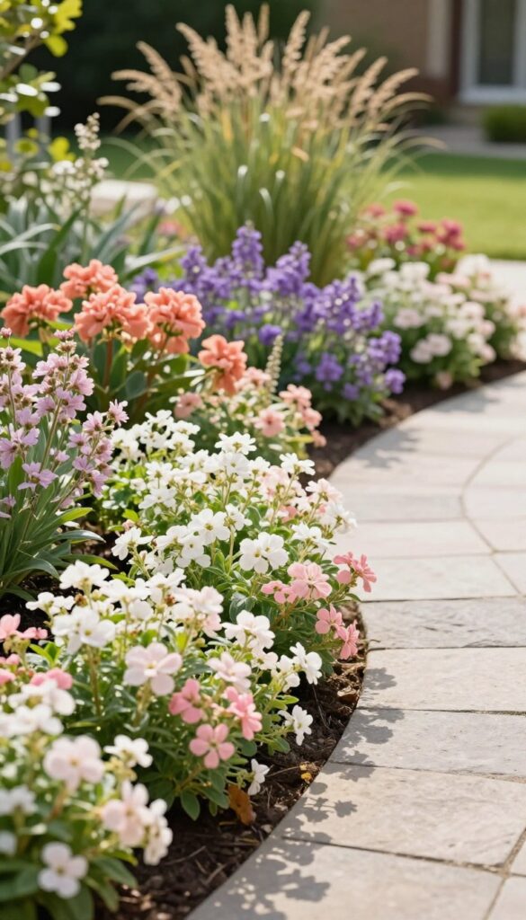 Layered flower bed border along a curved walkway with low ground cover in front, mid-height coral and purple perennials in the middle, and tall ornamental grasses in back under bright natural light.