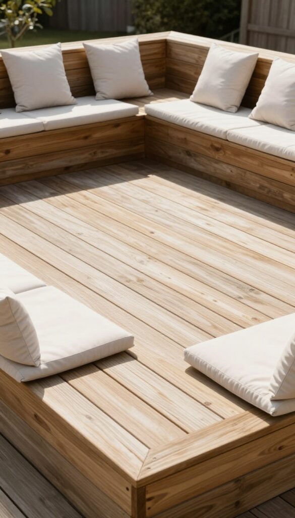Compact wooden deck with built-in bench seating along the perimeter and an open, uncluttered center in bright natural light