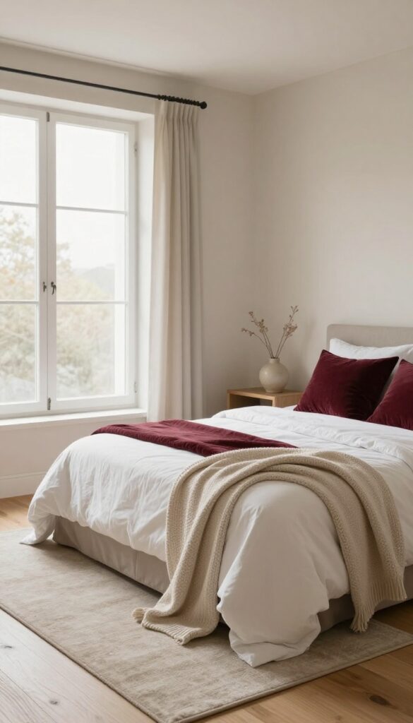 Bright neutral bedroom with a bed styled with maroon duvet, maroon velvet pillows, white sheets, and a light textured throw blanket in natural morning light.