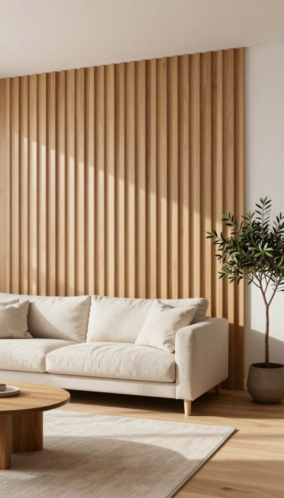 Bright living room with a floor-to-ceiling vertical wood slat feature wall in warm oak, a low beige linen sofa, round wooden side table, neutral rug, and a potted olive tree in soft natural daylight.