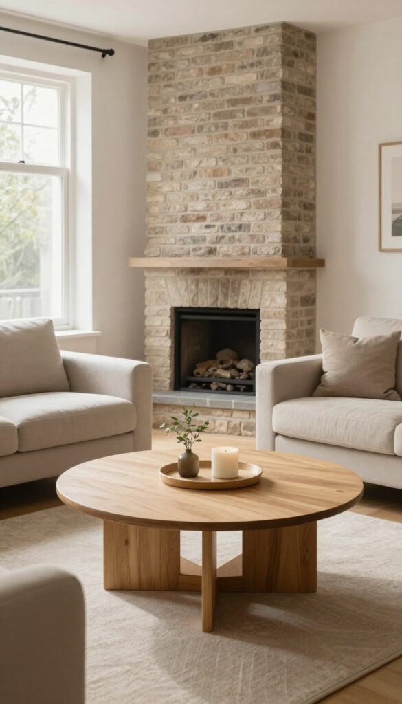 Bright small living room with a round light wood coffee table centered between a neutral sofa and a brick fireplace, styled with a simple tray, showing improved traffic flow.