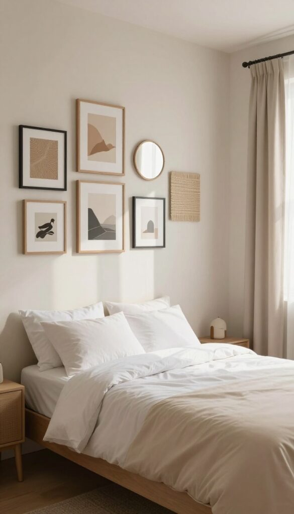 Cozy modern single bed with a curated gallery wall of mixed-size art prints, a round mirror, and a textured wall piece above the bed in bright natural light.