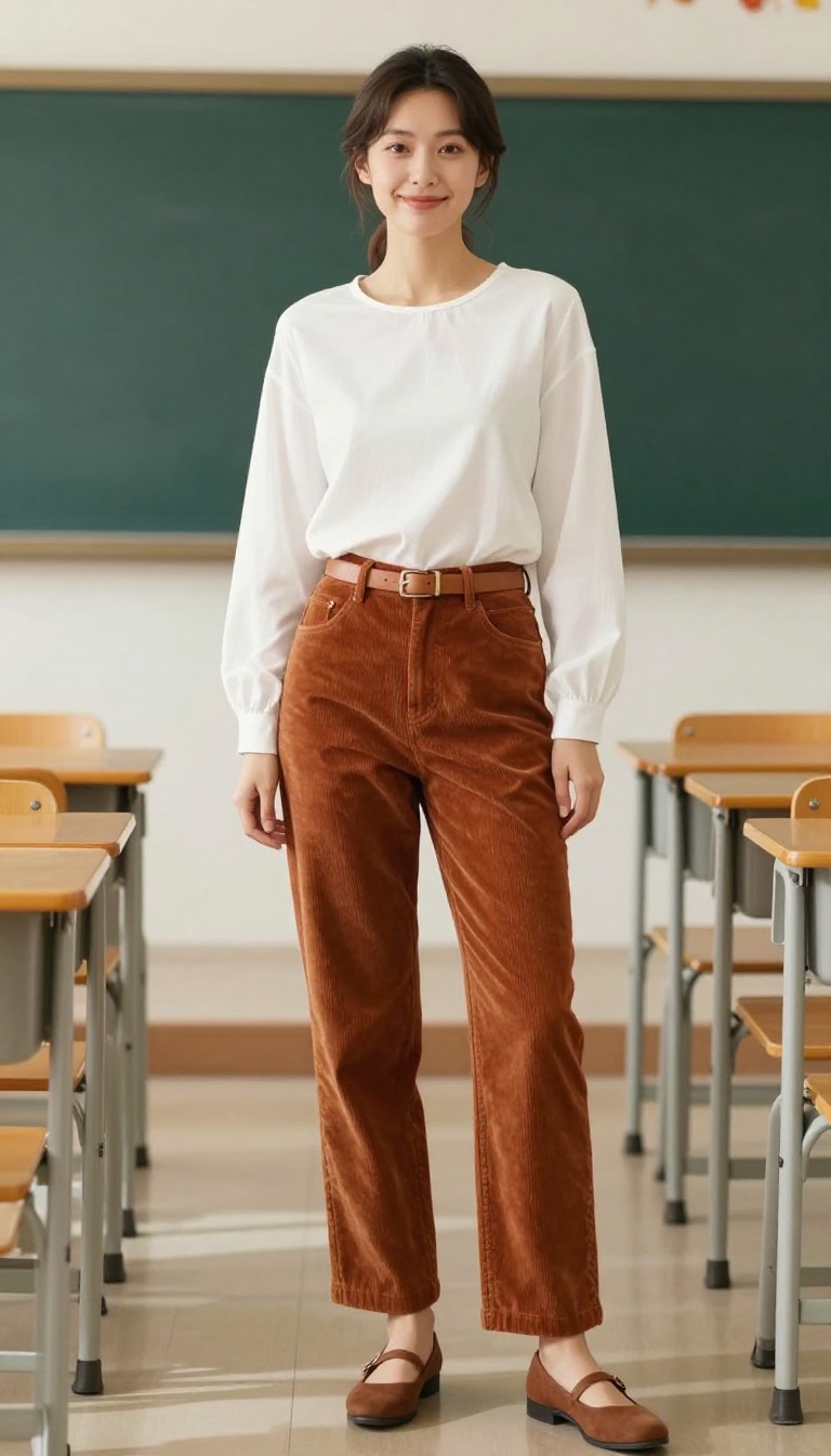 6. Rust Corduroy Pants with a White Blouse