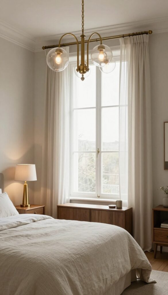 Modern vintage bedroom with clean neutral walls, an antique brass chandelier with glass globes, and warm mid-century brass bedside lamps on wooden nightstands beside a neatly made bed with textured linens in bright natural light.