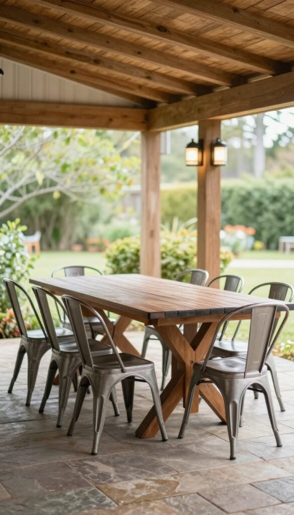 Covered under-deck dining area with a dark wood table, metal chairs, and wall-mounted lighting on a stone patio