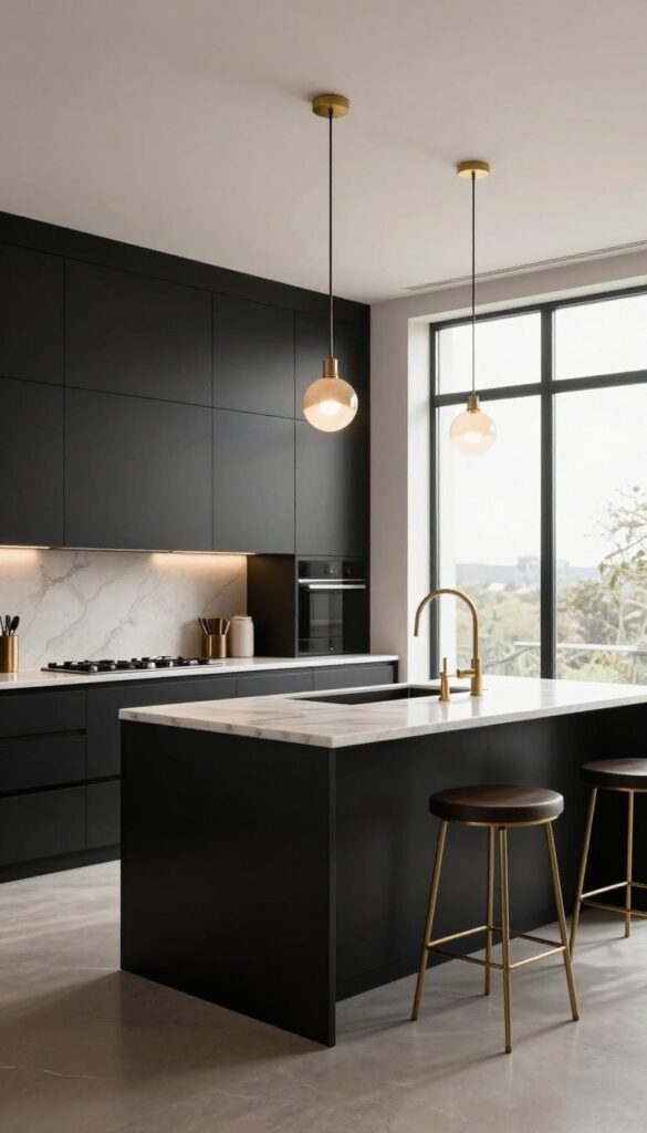 Luxurious black kitchen with matte black cabinets, a large island, and oversized statement pendant lights glowing warmly above light marble countertops.