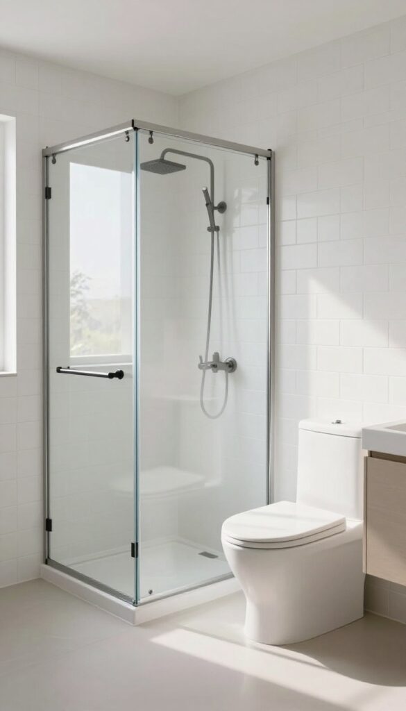 Modern small bathroom with a clear glass sliding door shower cubicle, rectangular white tile, and matte black fixtures in bright natural light.