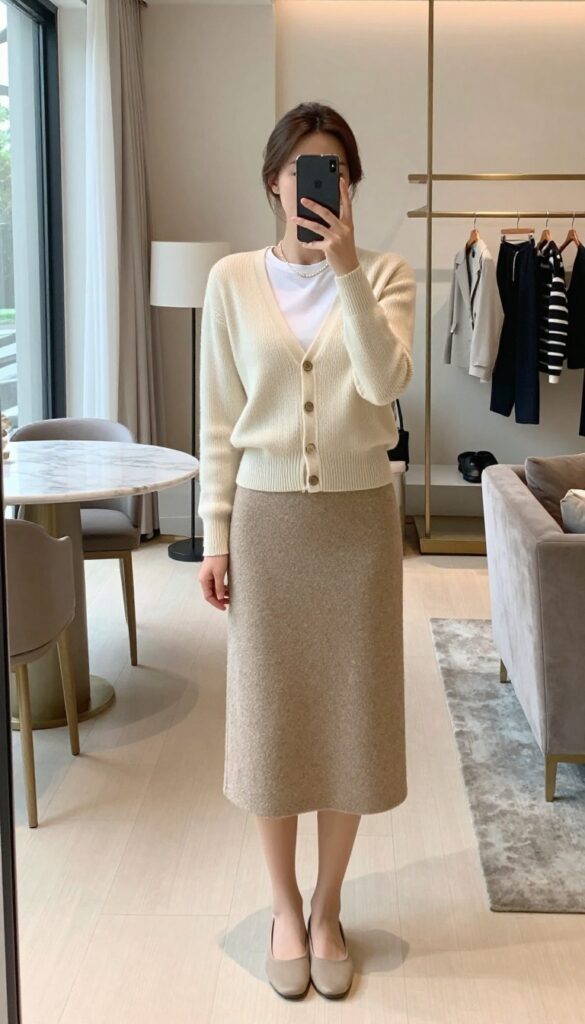 Woman taking a mirror selfie wearing a cream cardigan over a tweed skirt, accessorized with pearls and a structured handbag, in a bright, elegant setting.