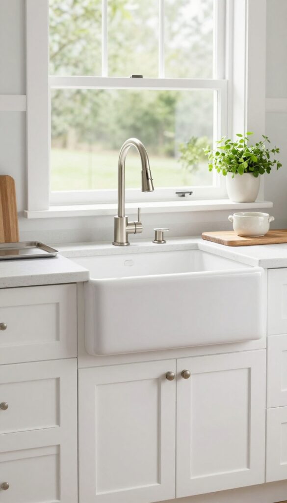 Bright modern farmhouse kitchen with a white apron-front farmhouse sink and tall arched faucet surrounded by clean white cabinets and natural light
