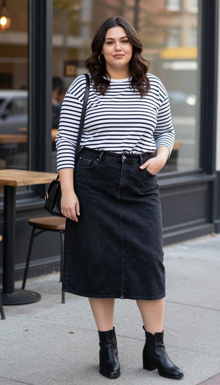 3. Black Denim Skirt with a Striped Long-Sleeve Tee and Ankle Boots