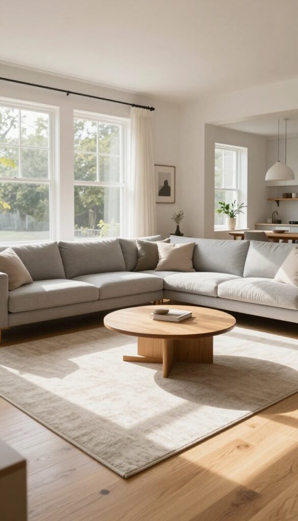 Bright open concept living room with a large neutral area rug under a light gray sofa and round coffee table, softly separating the seating zone from the dining area beyond