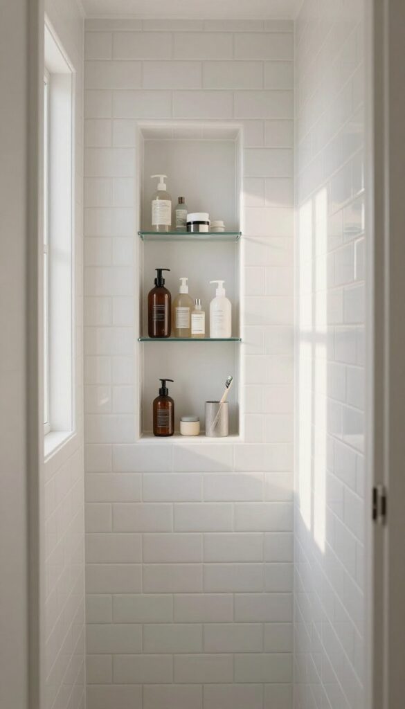 Recessed niche in a tiled hallway bathroom shower wall holding bath essentials, keeping surfaces flush and clutter-free.