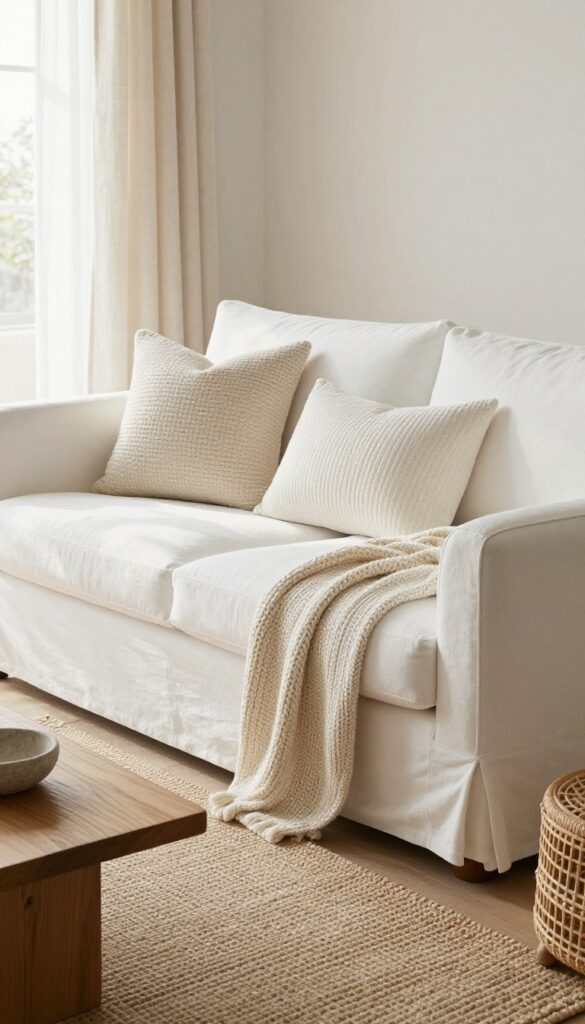 Bright living room with a white sofa styled with layered textures including a chunky knit throw, woven and ribbed pillows, linen curtains, wood table, rattan chair, and jute rug.