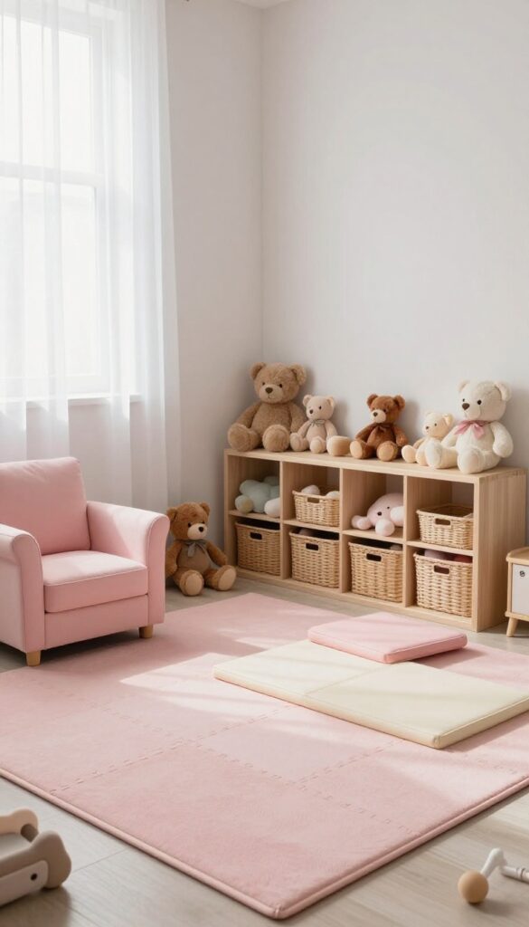 Bright kids' bedroom play corner with a pink rug, low toy shelves, soft seating, and foam play mats in natural light