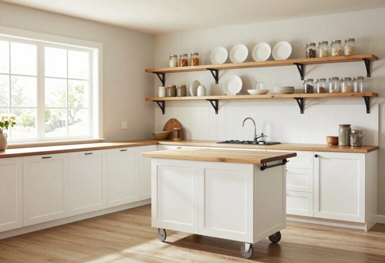 Bright small farmhouse kitchen with open wooden shelves and a rolling cart for extra counter space