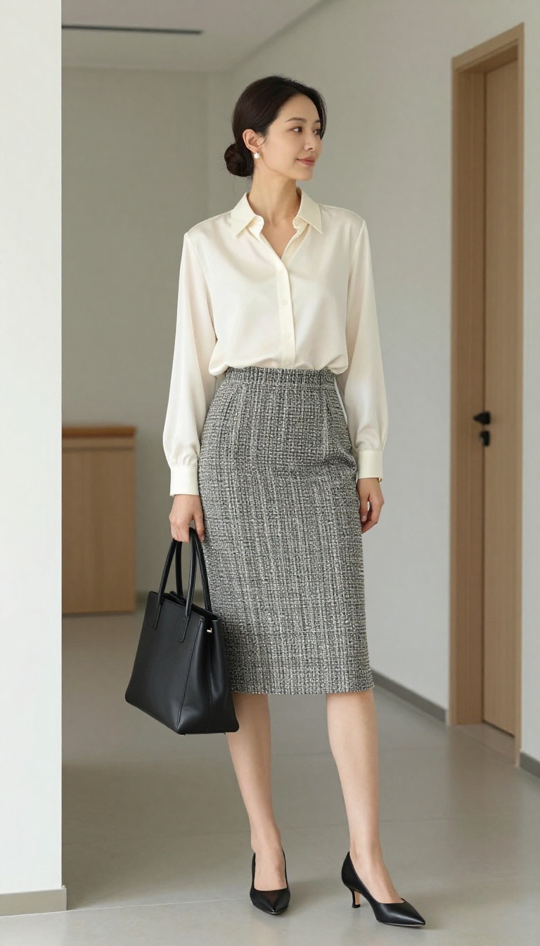 8. Tweed Skirt with a Silk Blouse