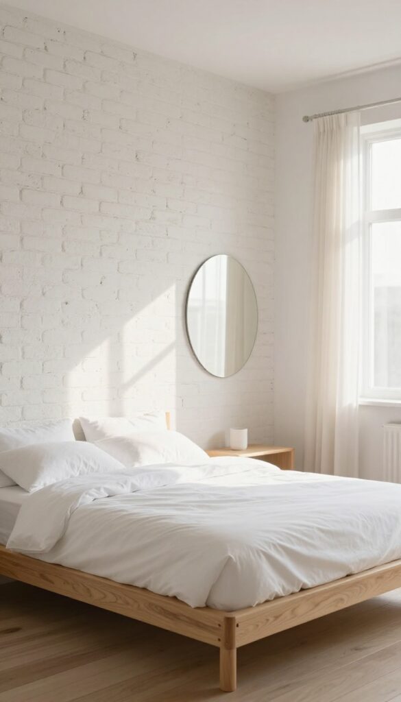 Small bright bedroom with a whitewashed exposed brick feature wall, low-profile bed with white bedding, and a round mirror reflecting natural light