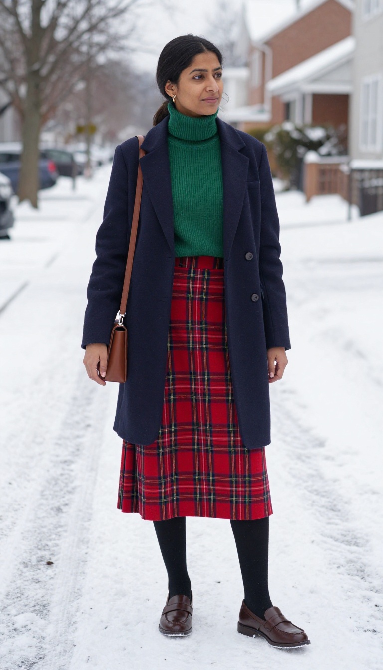 10. Plaid Midi Skirt with a Solid Turtleneck and Loafers