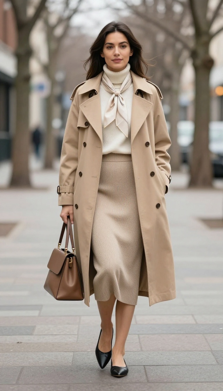 11. Beige Knit Skirt with Trench Coat and Ballet Flats