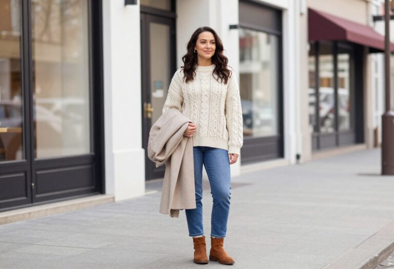 Woman wearing a chunky knit sweater and straight-leg jeans with ankle boots, standing on a city street in winter.
