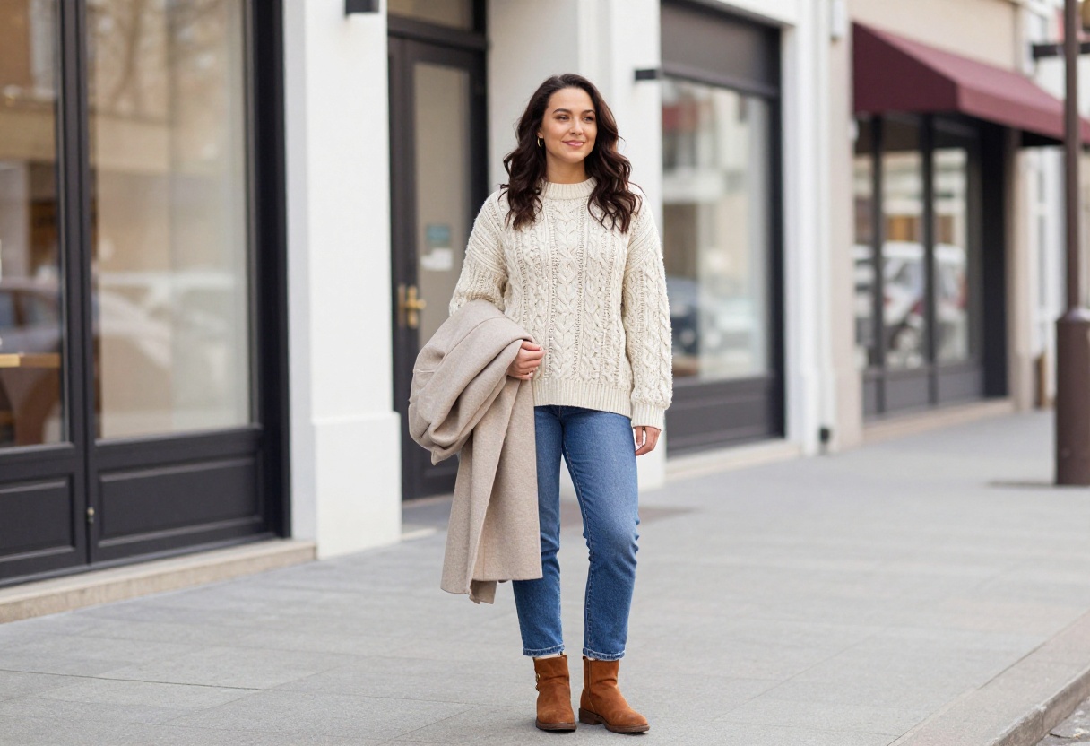 Woman wearing a chunky knit sweater and straight-leg jeans with ankle boots, standing on a city street in winter.