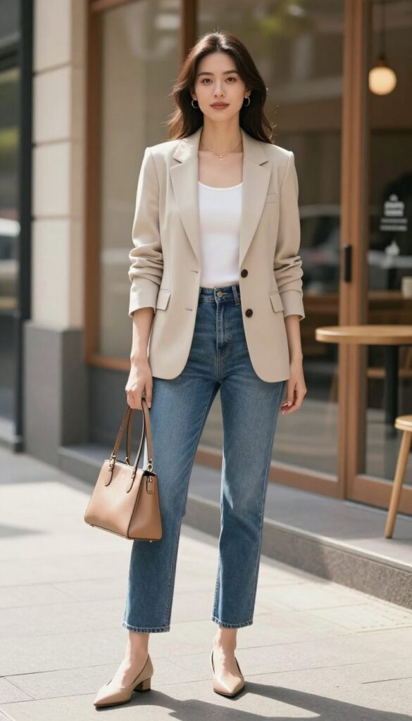 Woman wearing a tailored beige blazer with straight-leg jeans, pointed flats, and gold jewelry on a sunny city sidewalk