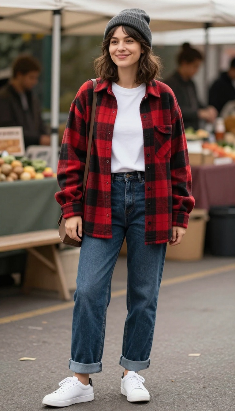 3. Plaid Shirt Jacket with Boyfriend Jeans and Sneakers