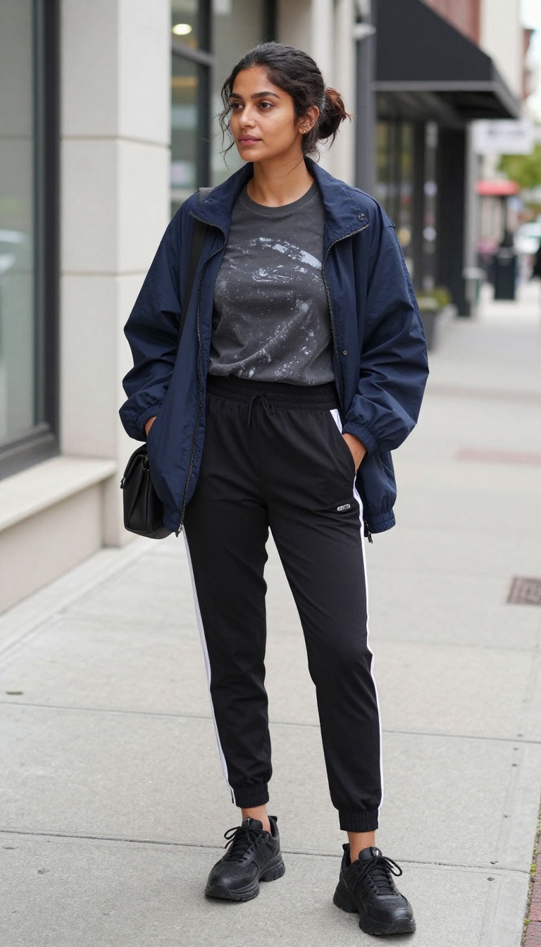 5. Retro Sporty: Track Pants + Fitted Tee + Vintage Windbreaker