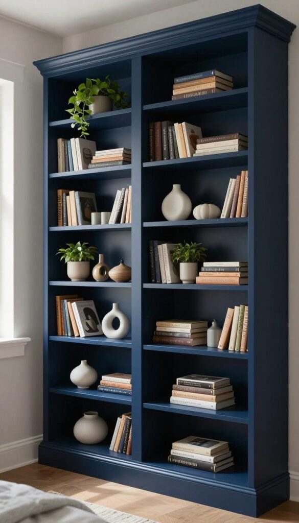 Dark blue built-in bedroom shelves styled with books, wood accents, and small plants in bright natural light
