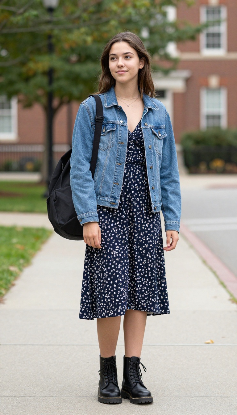 10. Denim Jacket + Floral Dress + Chunky Boots