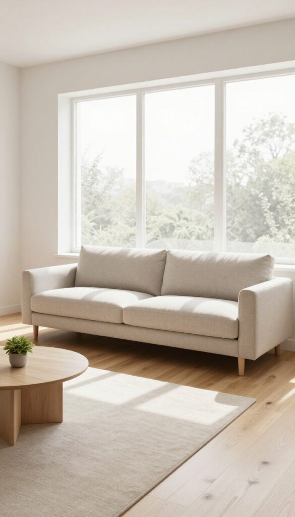 Bright small living room with a compact slim-arm sofa and open walking space, styled with a side table and plant
